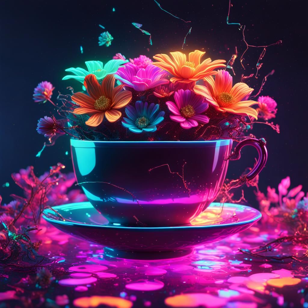 Neon Teacup with Fluorescent Flowers in Vaporwave Style