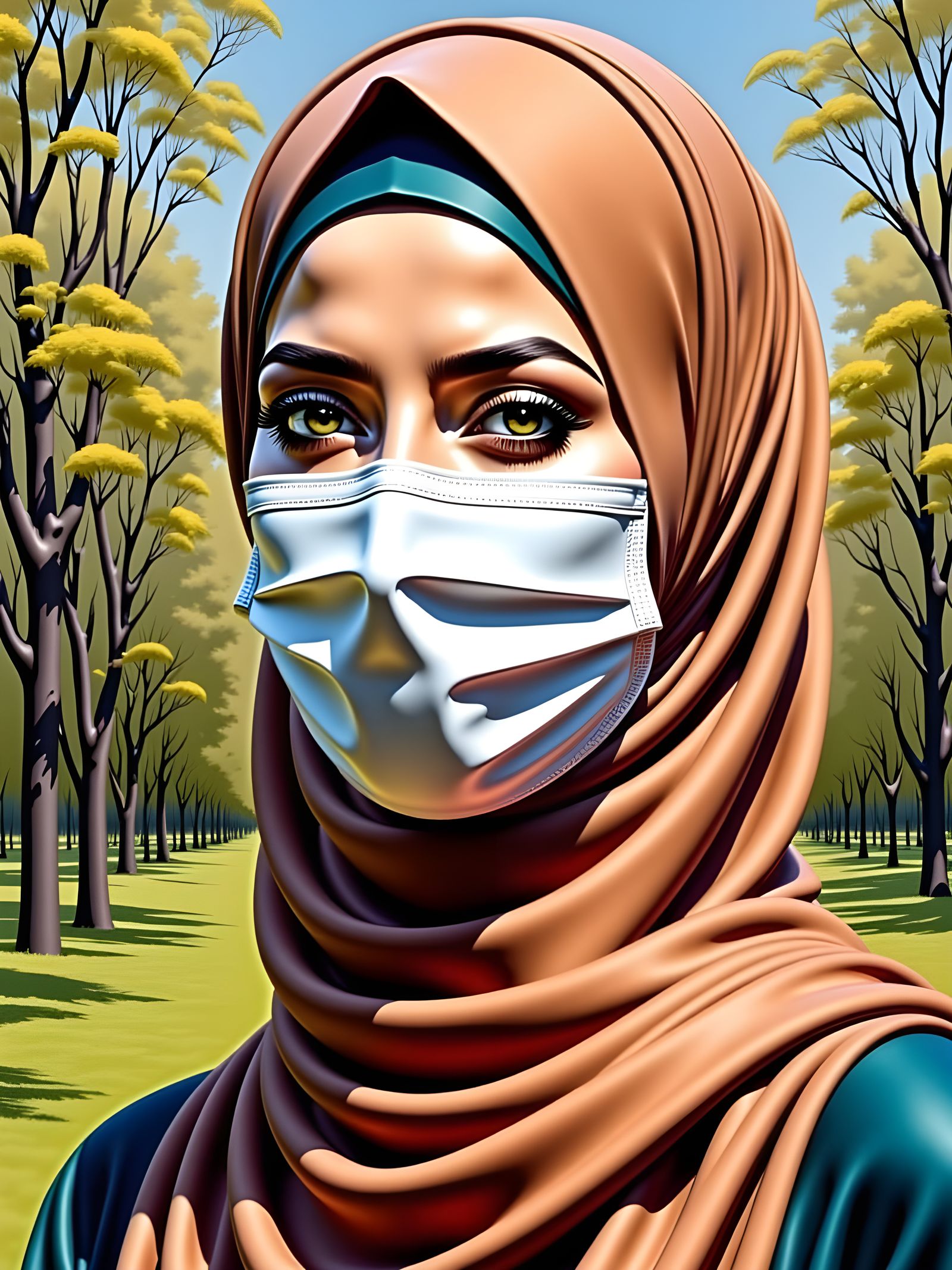 A Young European Woman in Hijab, Oil-Guache Painting with Sp...