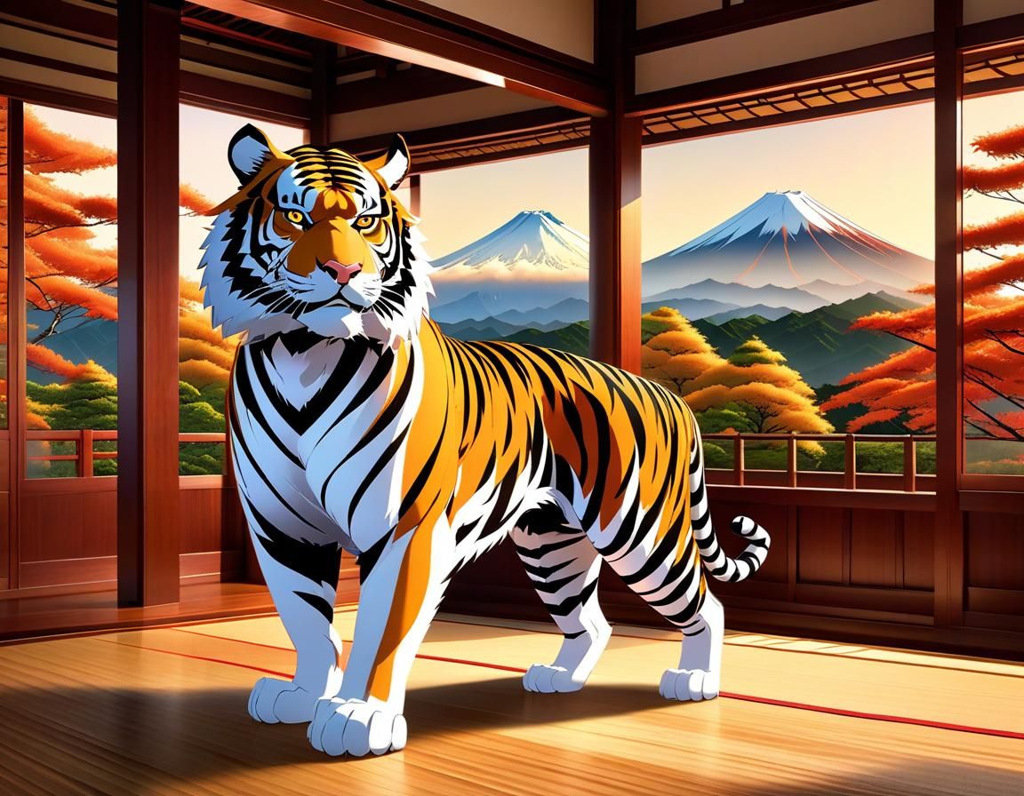 A tiger standing in a japanese dojo