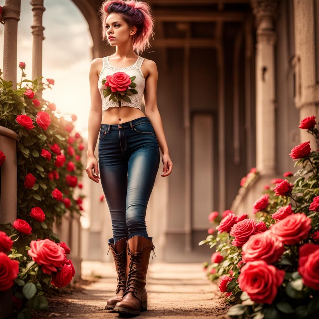 Girl with Boots and Rose Crop Top