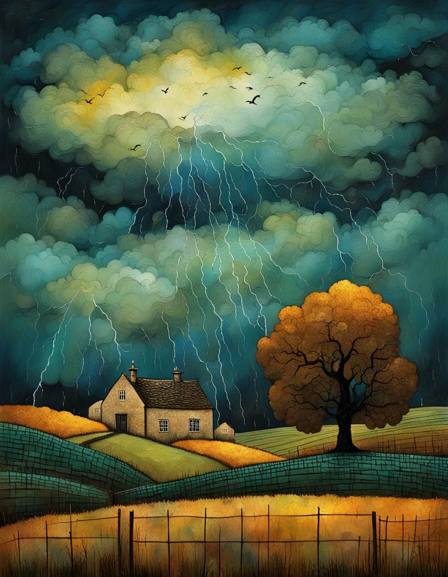 Dramatic Storm Over Cotswold Farm in Mixed Media