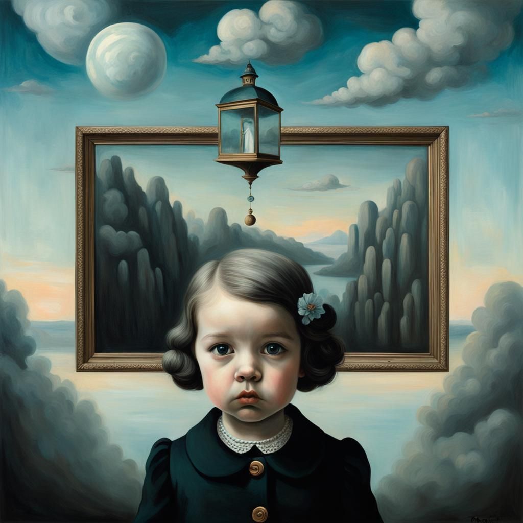 Surreal Portrait of Toddler Girl in Magritte Style