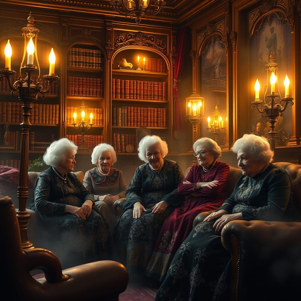 Victorian Grannies in Gothic Room with Kinkade Lighting