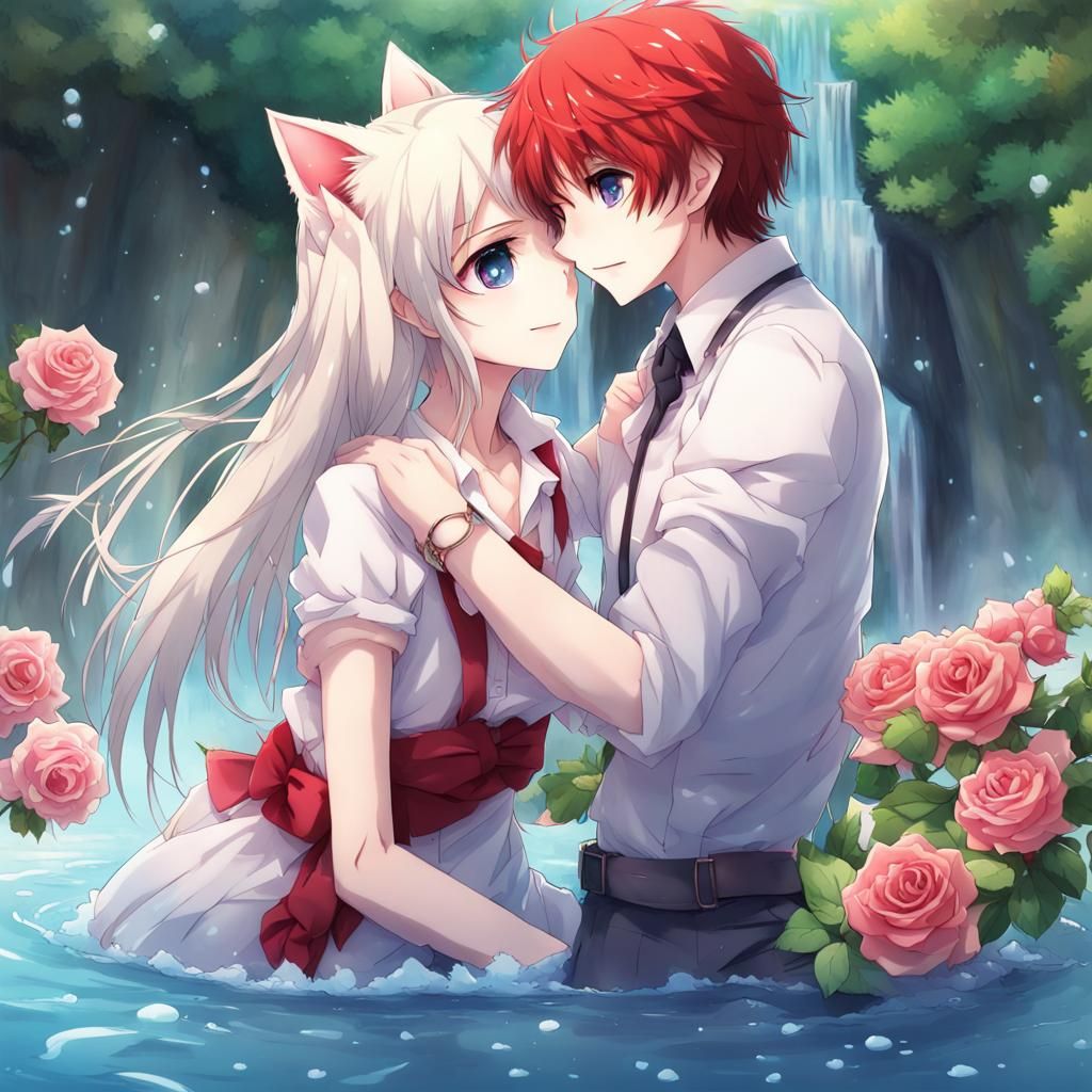 Kittens Dating by Rainbow Waterfall in Anime Style