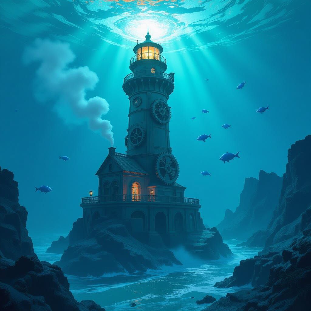 Clockwork Lighthouse on Alien Coastline, Fantasy Concept Art
