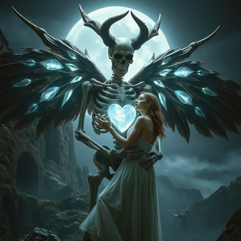 Skeletal Figure Embraces Woman in Gothic Fantasy Art