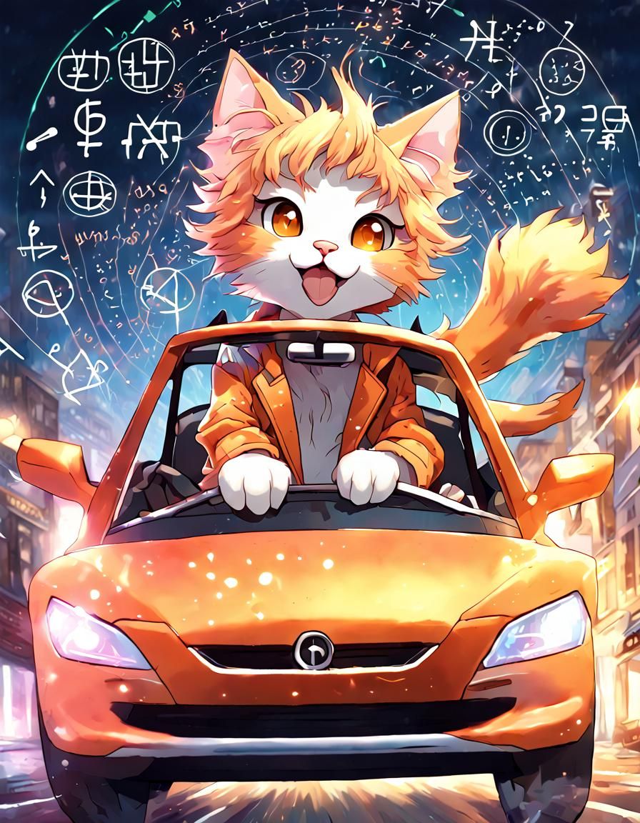 Kitten Rapper Drives Car in Anime Fantasy