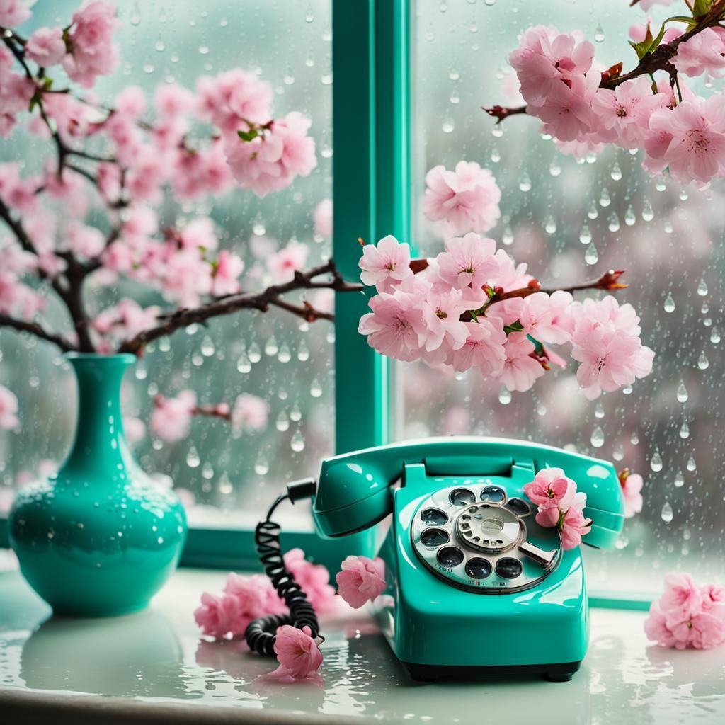 Pink Rotary Phone with Cherry Blossoms