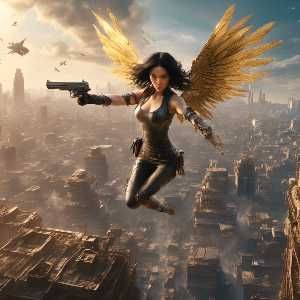 <lora:NC Hyperreal:1.0> alita battle angel with wings and ha...