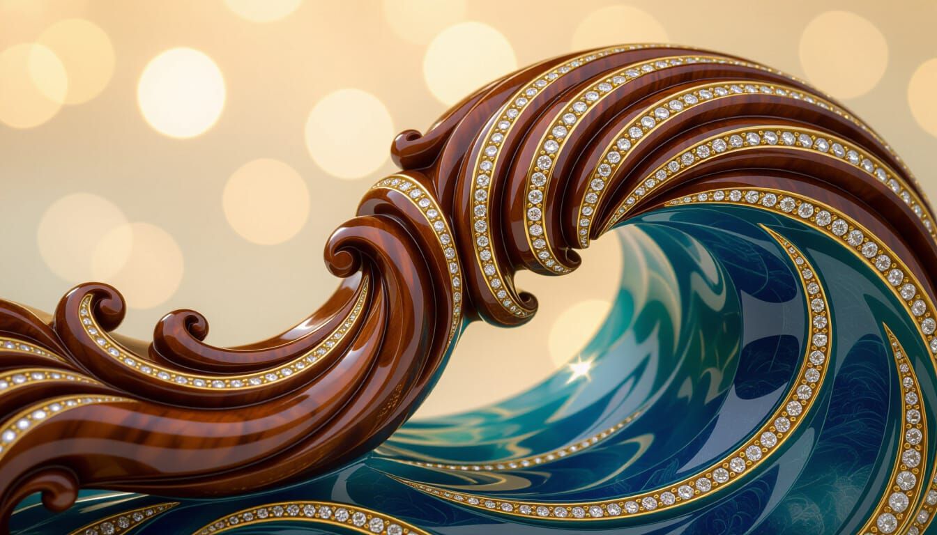 Mahogany Wave Sculpture with Gold and Jade Inlay