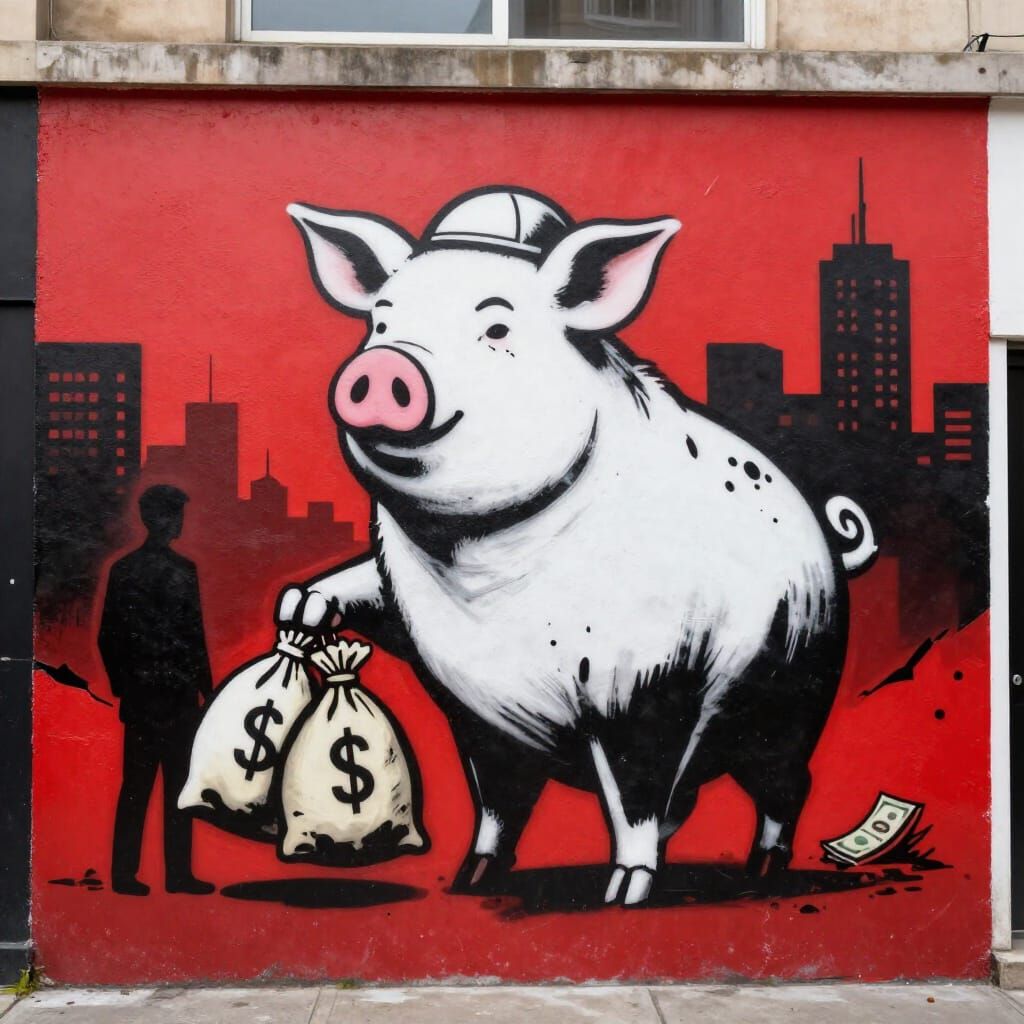 Satirical Mural of Pig with Money in Banksy Style