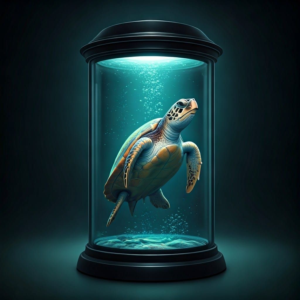 Sea Turtle in Glass Container: Photorealistic Digital Art
