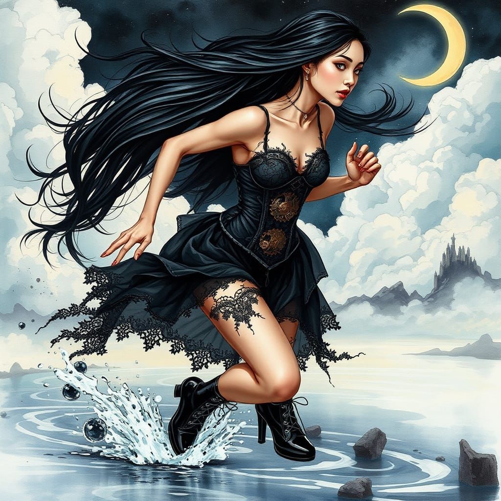 Sensual Goth Woman Runs Through Steampunk Dreamscape