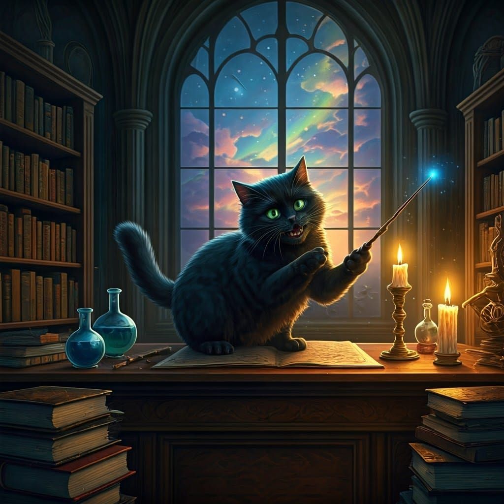 Black Cat in Wizard's Castle, Digital Matte Painting