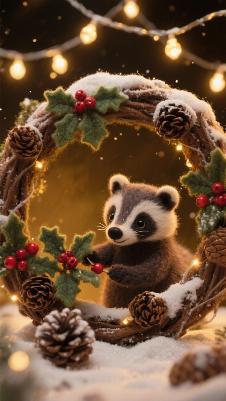 Cute Felt Badger Decorates Snowy Christmas Wreath