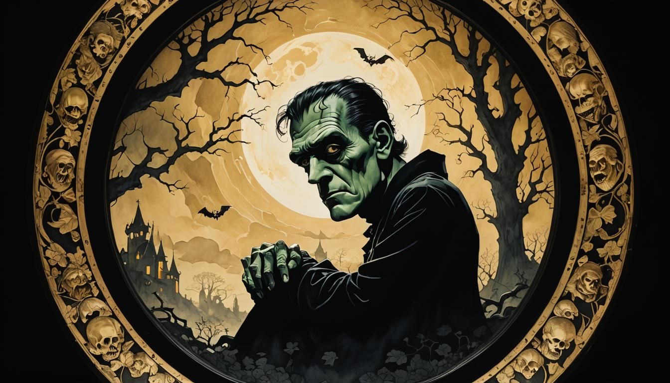 Frankenstein Hiding From Ghosts in Spooky Portrait