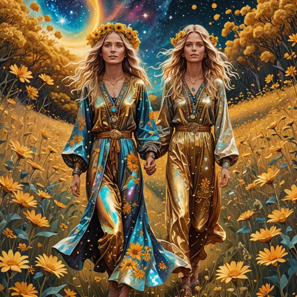 Hippy Women Strolling Through Golden Flower Field