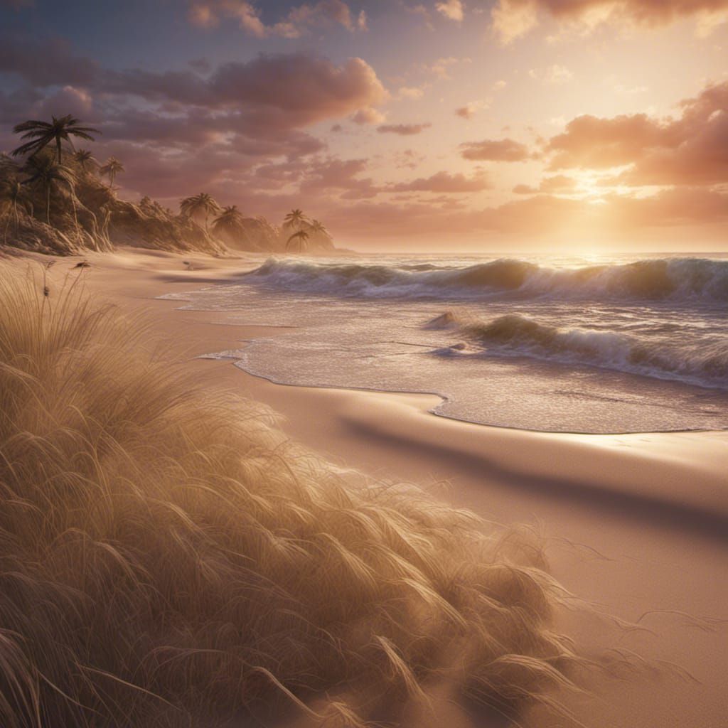 Sunset Beach with Marram Grass: Digital Matte Painting