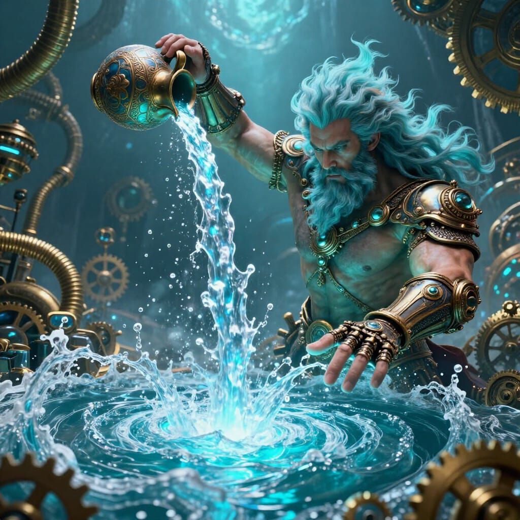 Aquarius Waterbender Pouring Celestial River in Steampunk St...