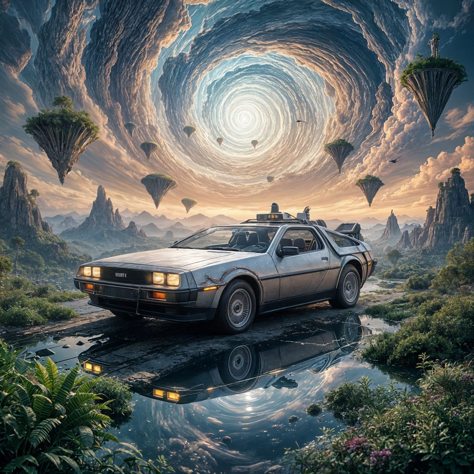 DeLorean Materializes in Escher-esque Landscape