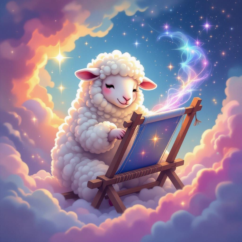 Cloud Sheep Weaving Starlight in Cosmic Dreamscape