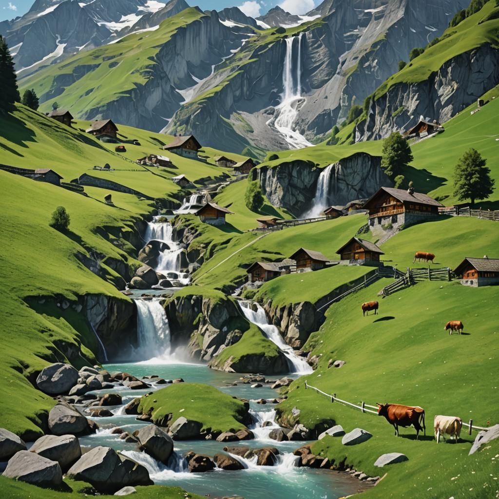 Swiss Alps Waterfall in Vivid Colors