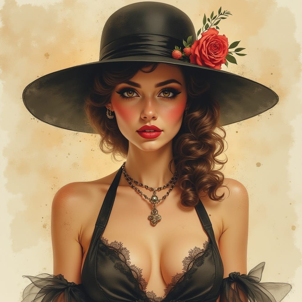 Elegant Pin-Up Woman with Watercolor Effects