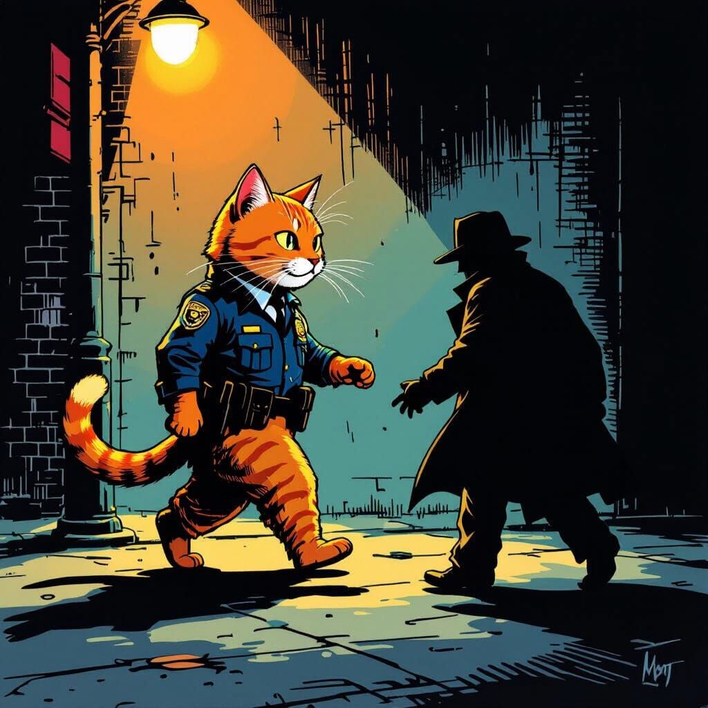 Tabby Cat Cop Chasing Shadowy Criminal in Noir Style