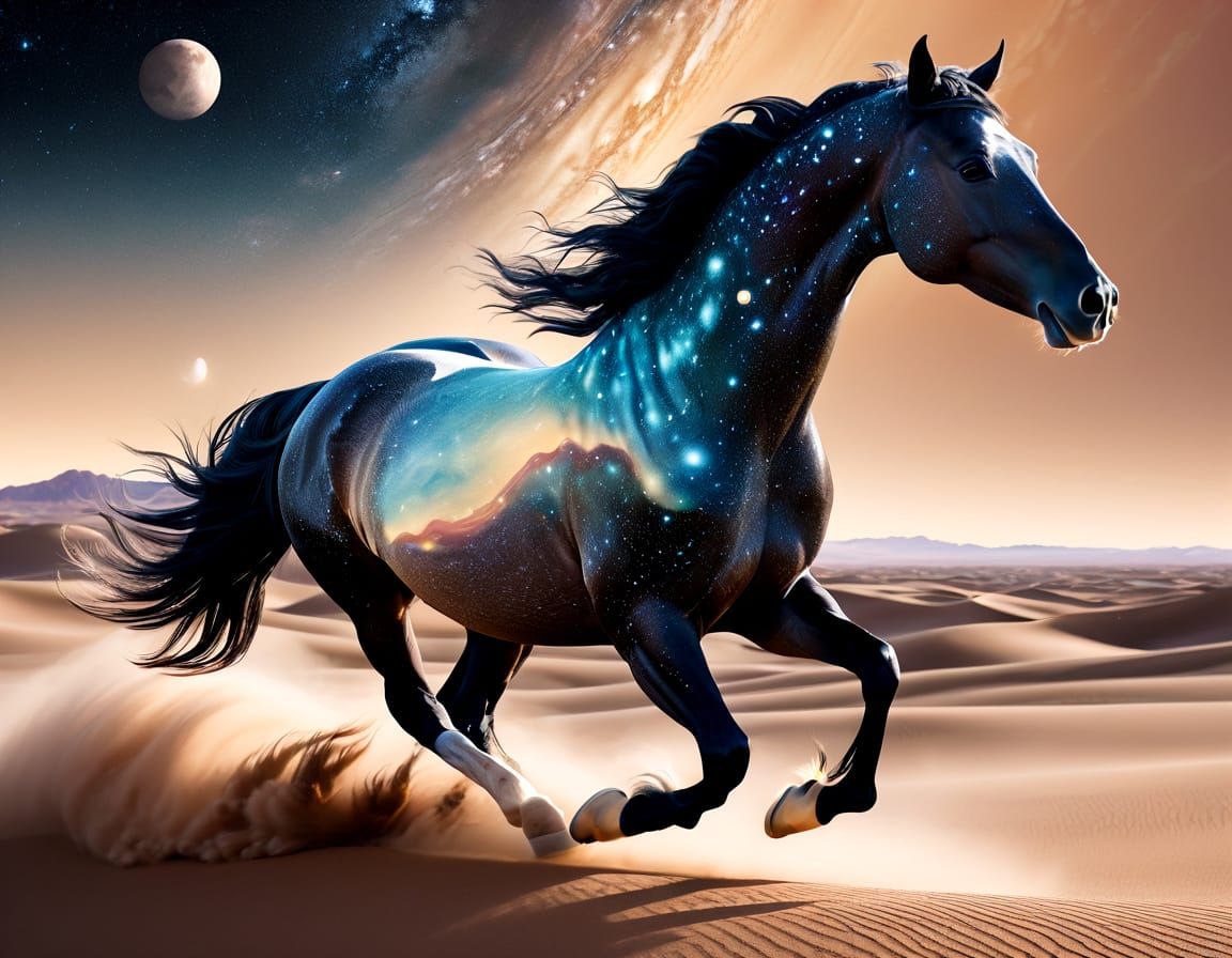 Galactic Horse Galloping in Surreal Desert Landscape
