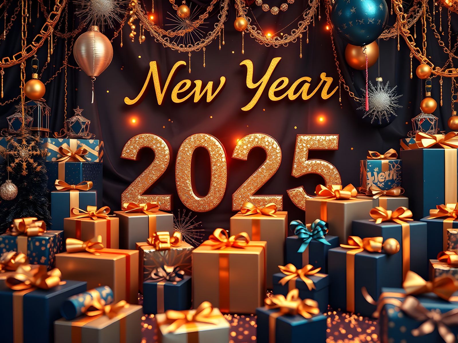 Happy New Year 2025 Gift Boxes in Detailed Matte Painting