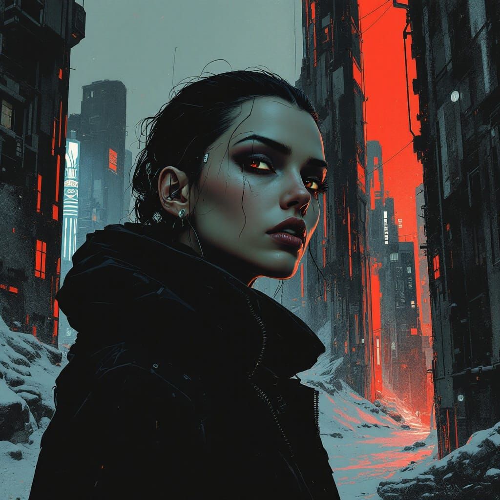 Futuristic Femme in Noir Cityscape