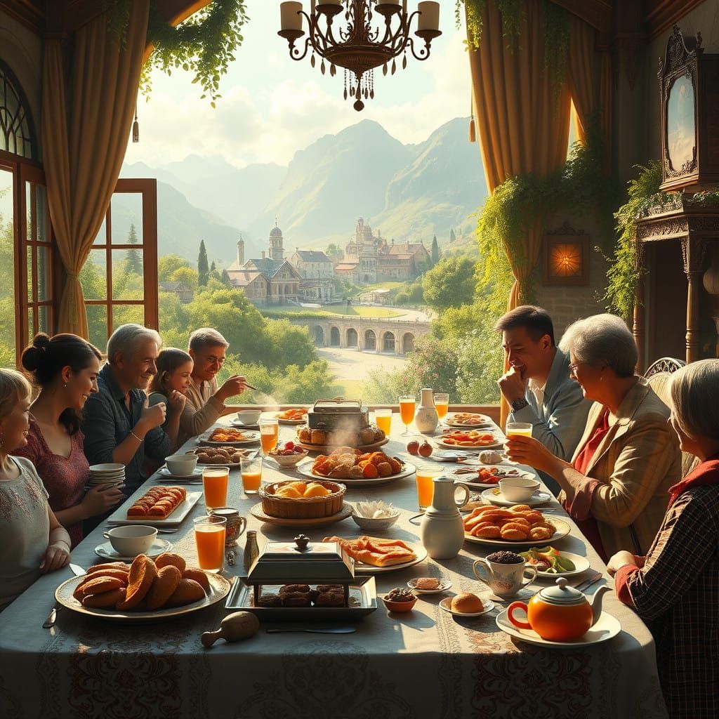 Joyful Family Breakfast in a Whimsical Village