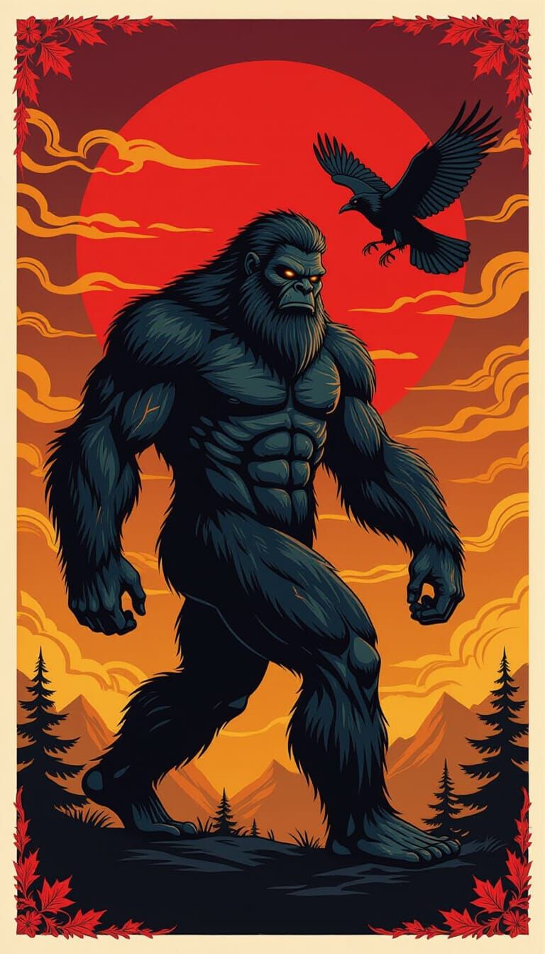 Sasquatch and Raven with Red Sun, Mystical Realism