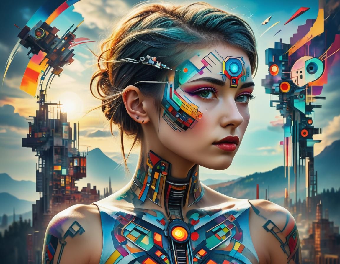 Futuristic Women with Cybernetic Tattoos as Abstract Art