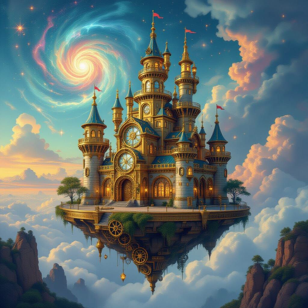Steampunk Castle on Floating Island with Nebula Clouds