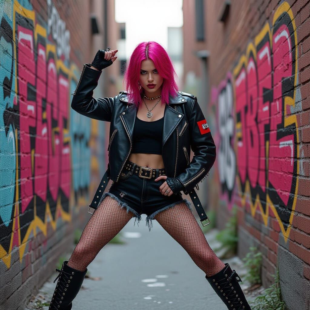 Punk Queen with Pink Hair in Gritty Alleyway