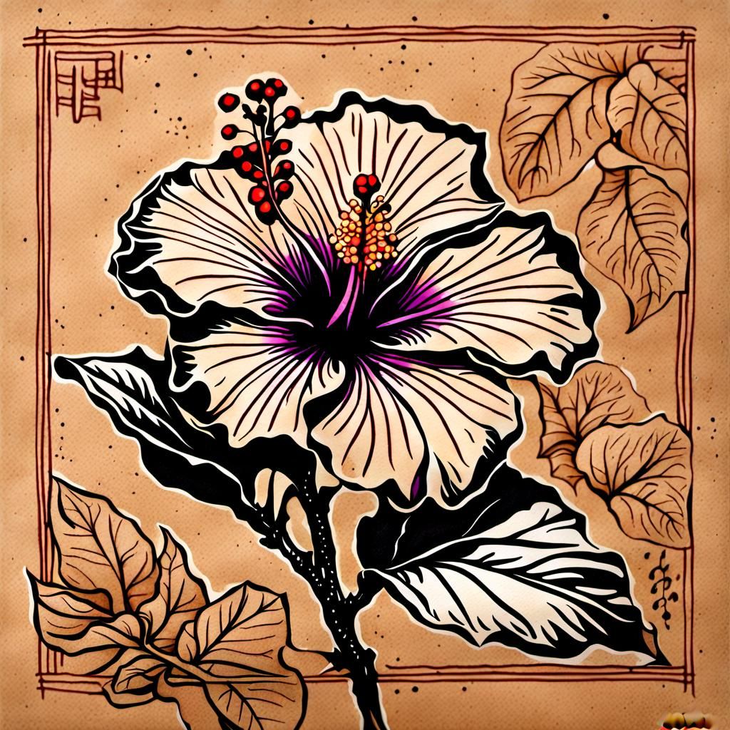 Hibiscus Ink Drawing in Suiboku-ga Style