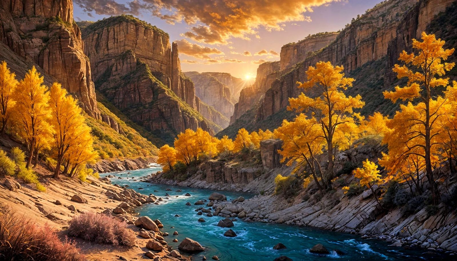 Majestic Autumn Canyon With Turquoise River at Golden Hour