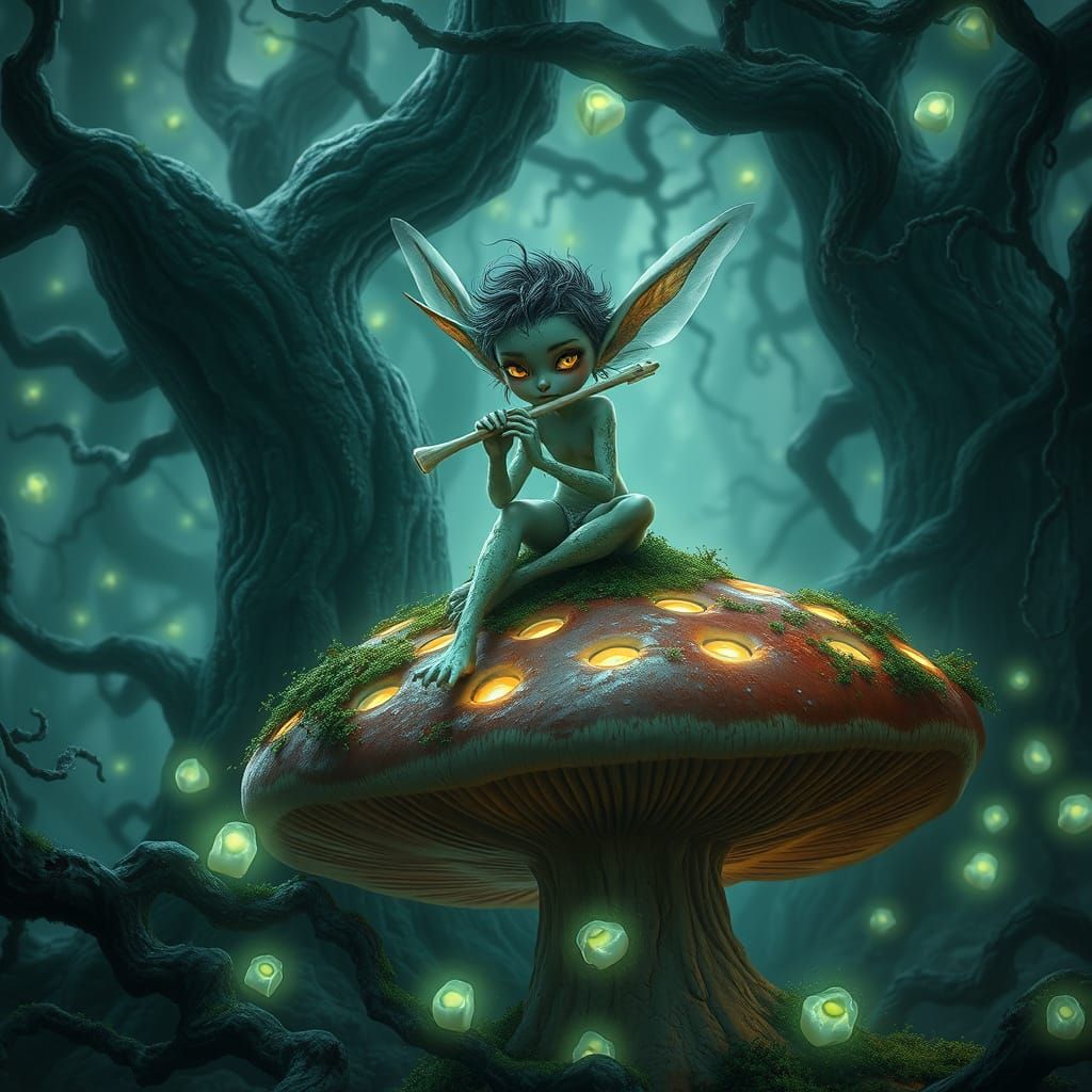 Mystical Forest Sprite Plays Haunting Melody on Bone Flute i...