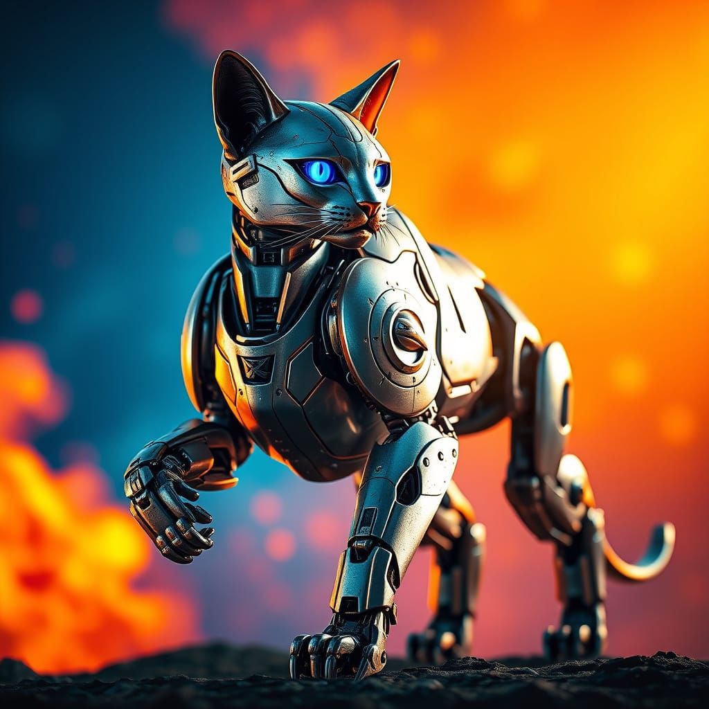Metallic Robotic Feline in Epic Hyper-Realistic Pose