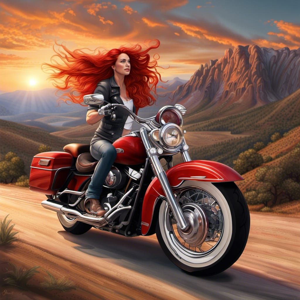 Woman on Harley Davidson at Sunset: Ethereal Ink Art