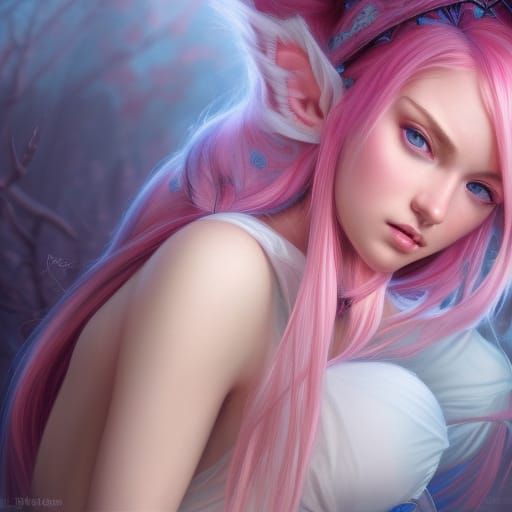 Elf with Pink Hair in Forest, Hyperdetailed Portrait