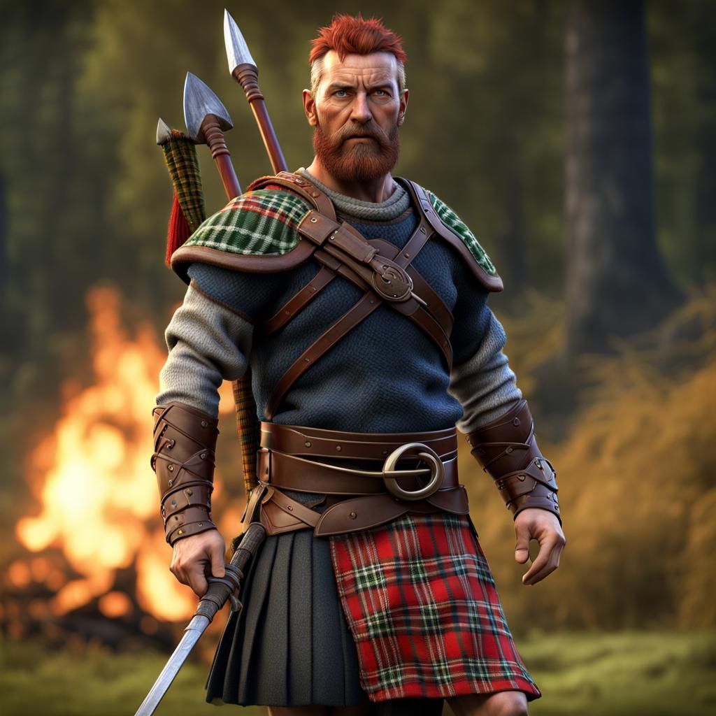 scottish celtic warrior covered with plaid patterned clothing