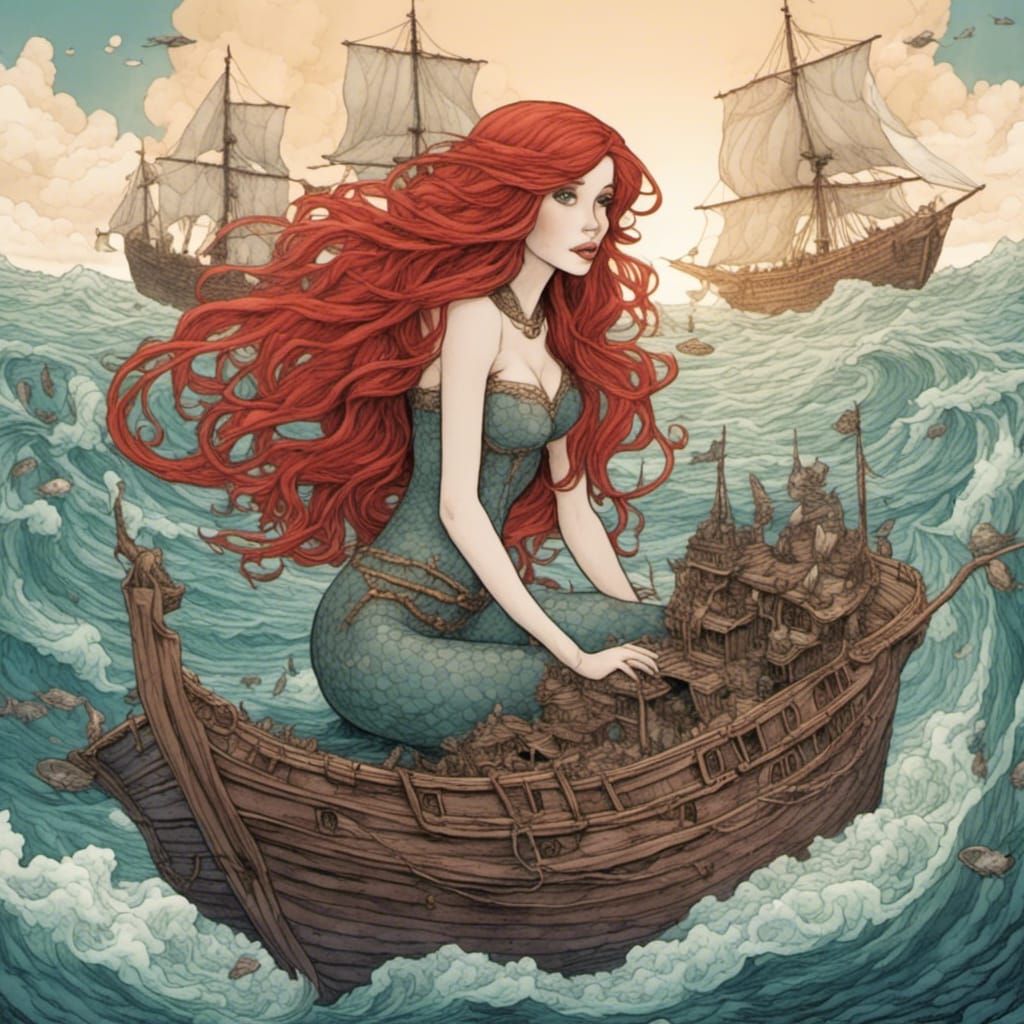 Ship Sails Toward Giantess in Surreal Encounter