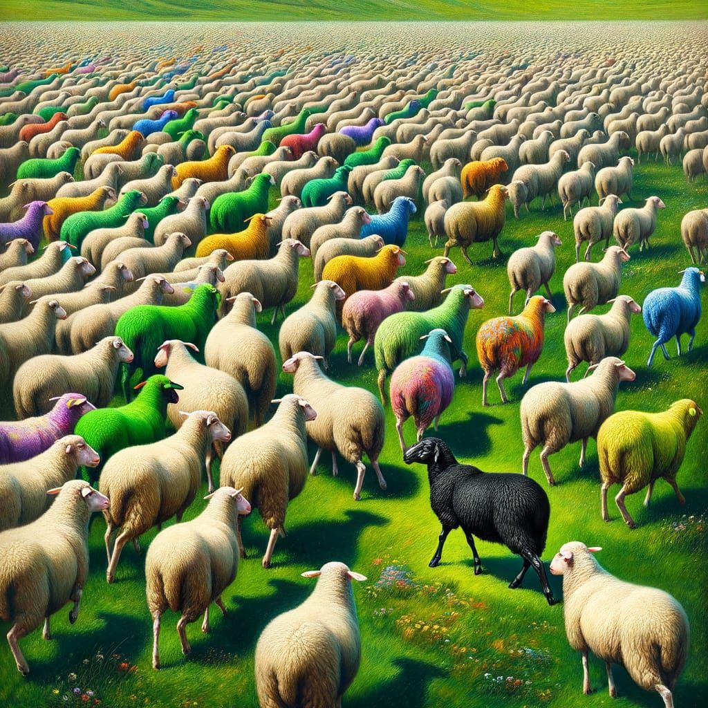 Solitary Black Sheep in a Surrealist Landscape