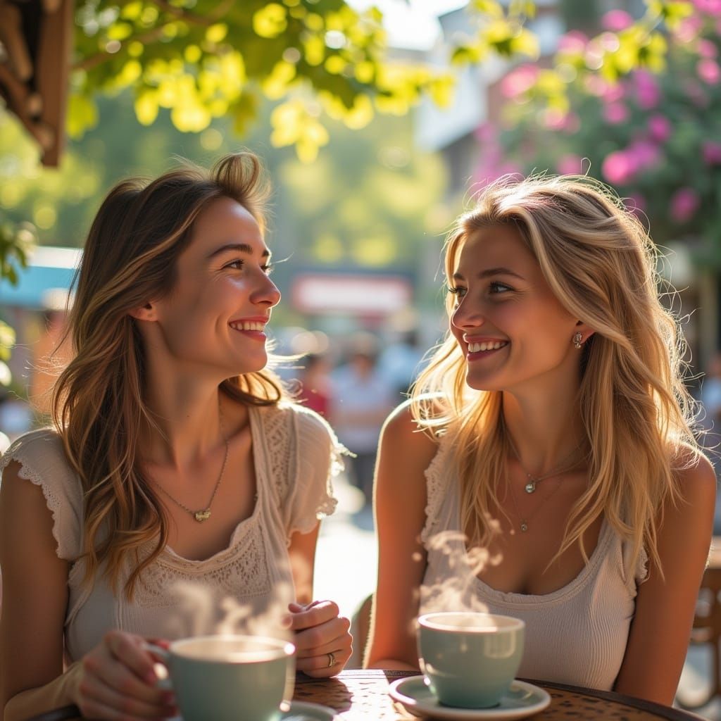 Sunny Cafe Scene with Two Cheerful Women
