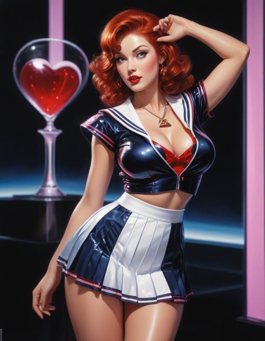 Vibrant Retrofuturistic Pinup in Japanese Sailor Suit