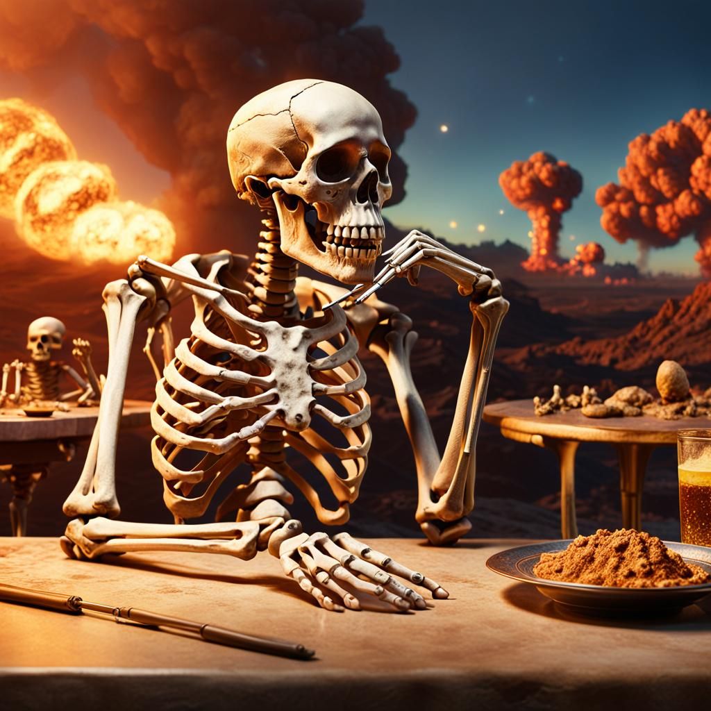 Skeleton Waits at Table Amidst Atomic Explosion