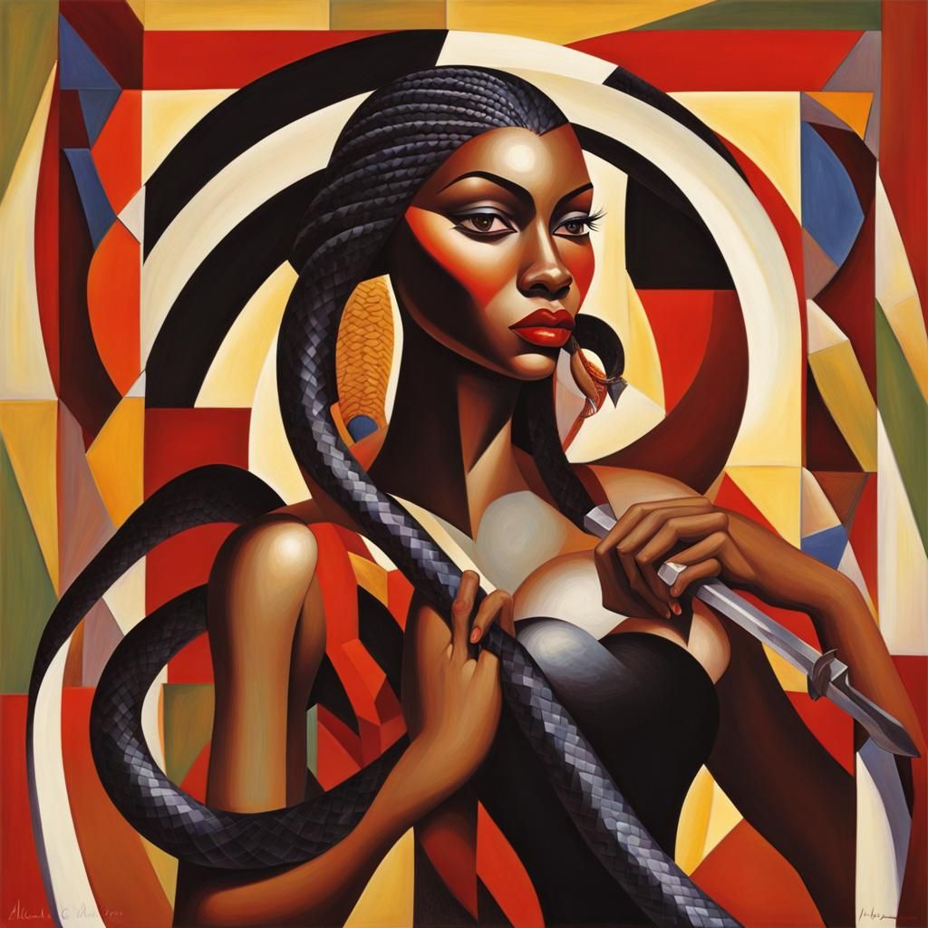 Abstract Cubist Medusa with Bloody Sword