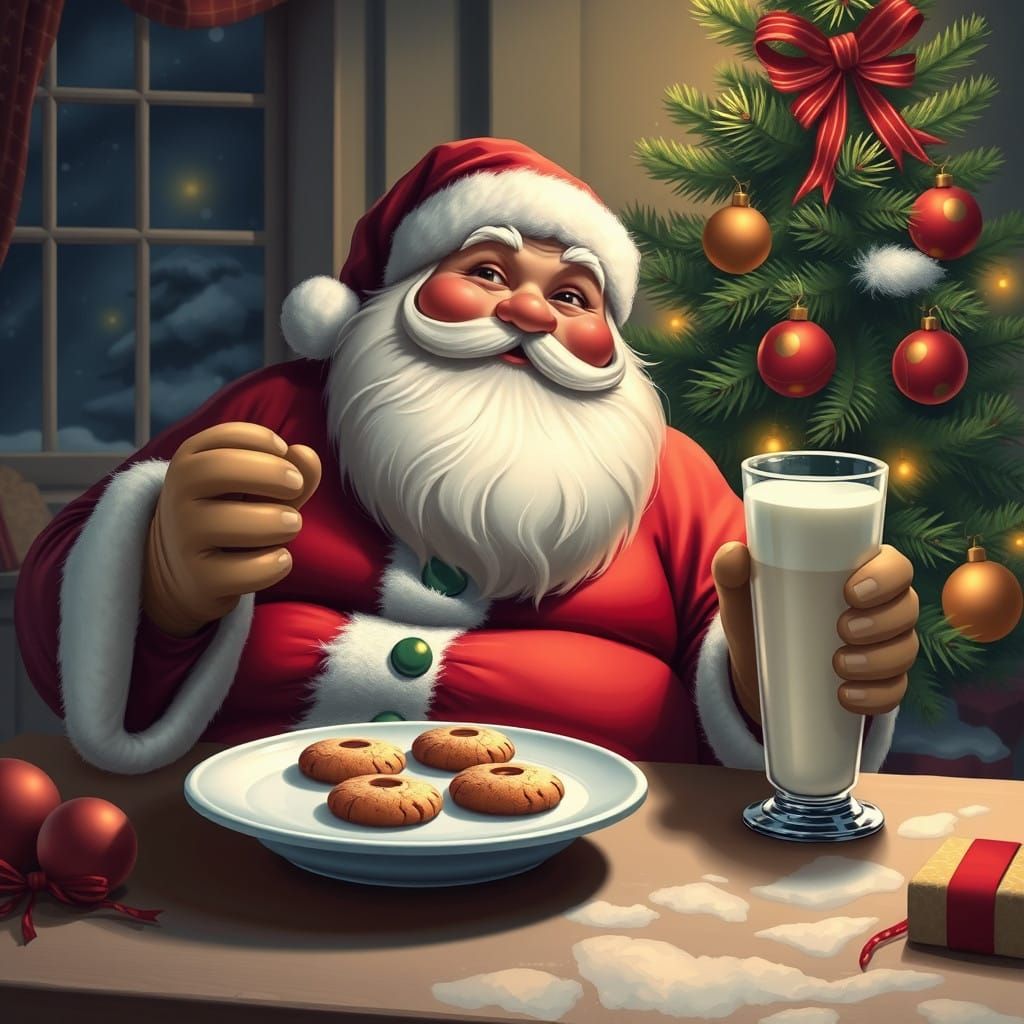 Santa Claus Enjoys Holiday Treats by Christmas Tree